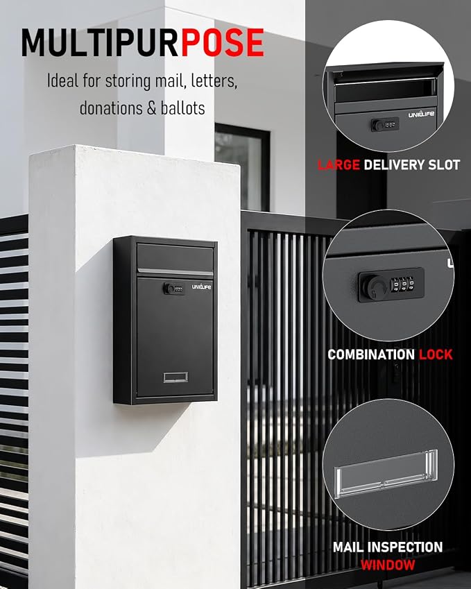 Uniclife Wall Mount Mailbox for Outside, Large Locking Mailbox, Black | Security Mail Box with Combination Lock, Safe Key Drop Box, Post Box, Steel Cash Drop Box for Home Office School