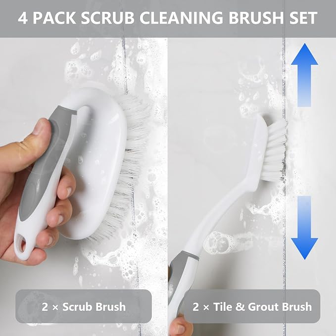 Scrub Brush Set, 4 Pack Deep Cleaning Brush Kit, Gray | 2 Scrub Brush, 2 Tile & Grout Brush with Built-in Scraper, Household Commercial Scrubber for Floor, Shower, Pool Wall, Tub