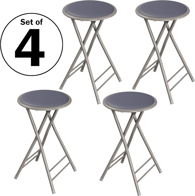Lavish Home Folding Stool with Padded Backless Seat Set of 4, Gray, 24” | Counter Height Bar Stools with 225lb Capacity, Portable Indoor & Outdoor, Extra Seat for Kitchen, Rec Room or Camping