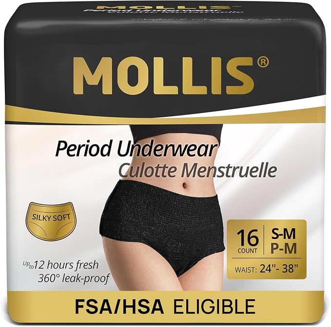 MOLLIS Disposable Period Underwear, Postpartum Panties, S/M, Black, 16Ct | Heavy Flow Period Underwear, Superior Absorbency, Leak Proof Design, Maternity Knickers, Soft Comfort Fit, Unscented