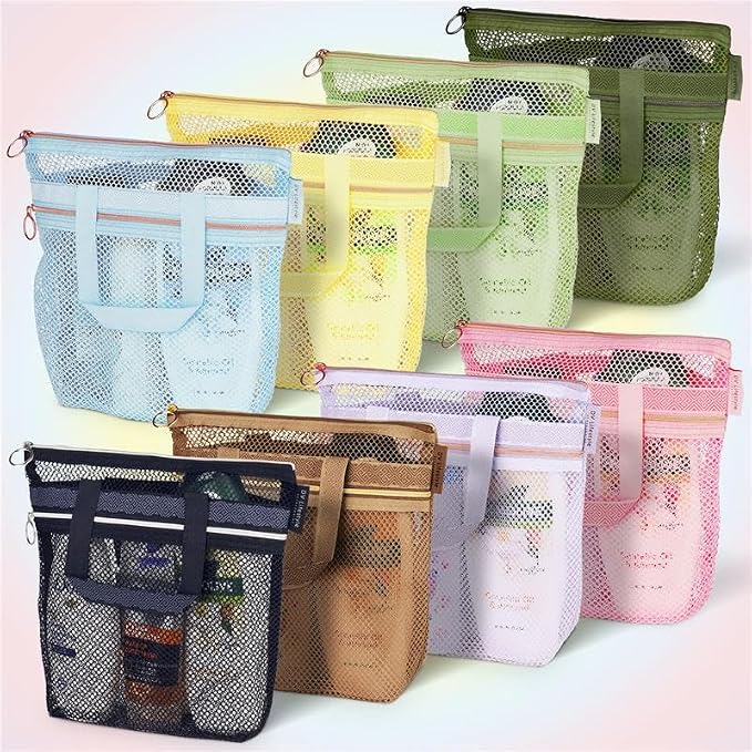 DV Lifestyle Mesh Shower Bag 10.2x9.9'' Quick-Dry Caddy with Zipper & 2 Pockets. Portable Toiletry Tote for Bathroom, Gym, Travel, Camp, Beach, for Sunscreen, Dorm & College Essentials (Pink)