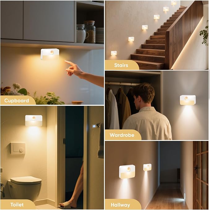 Motion Sensor Night Lights Indoor: Battery Operated Stair Lights 6 Pack | Battery Sensor Lights LED 35 Lumen 3000k for Step Hallways Closets Wall Bedroom Cabinets - Indoor Night Light Set
