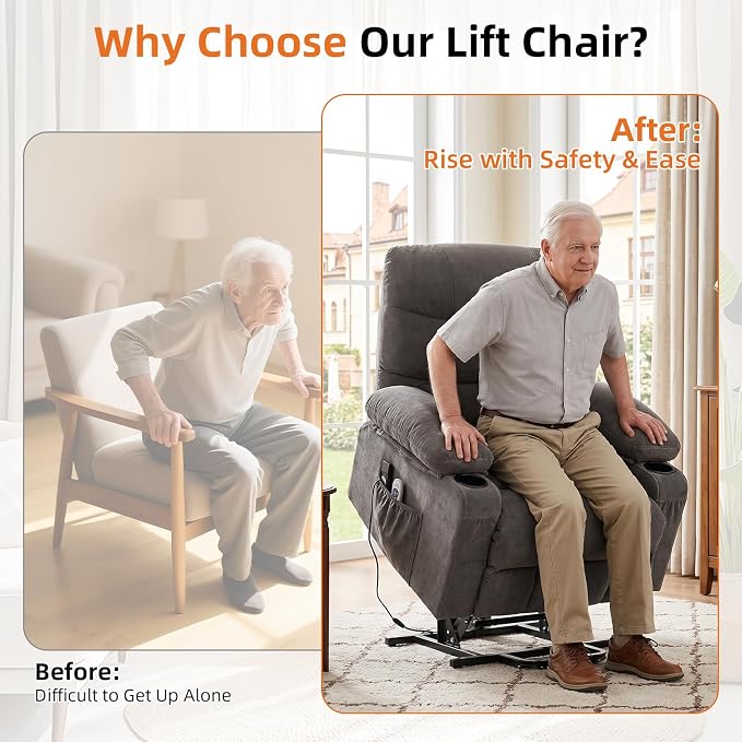Power Lift Recliner Chair for Elderly with Vibration Massage and Lumbar Heating Electric Recliner Sofa with Cup Holders and USB Charge Port for Living Room Comfort