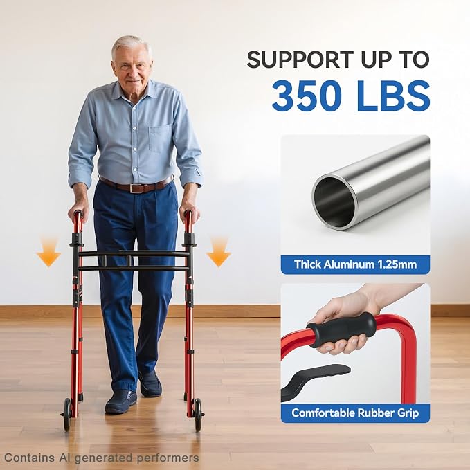 Loyoda Folding Walkers for Seniors Adjustable Aluminum Front Wheel Walker | 5" Wheels, Trigger Release Folding, Height & Width Adjustable, Lightweight Standard Walker, 350 lbs Capacity, Red