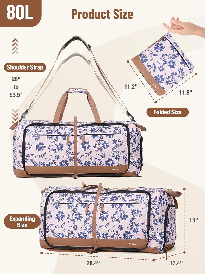 Lekesky Foldable Travel Duffle Bag for Women, Large Duffel Bag with Separate Shoes Compartments & Straps, Carry On Weekend Bag for Women, Hospital, Overnight (Pink Floral Print, 80L)