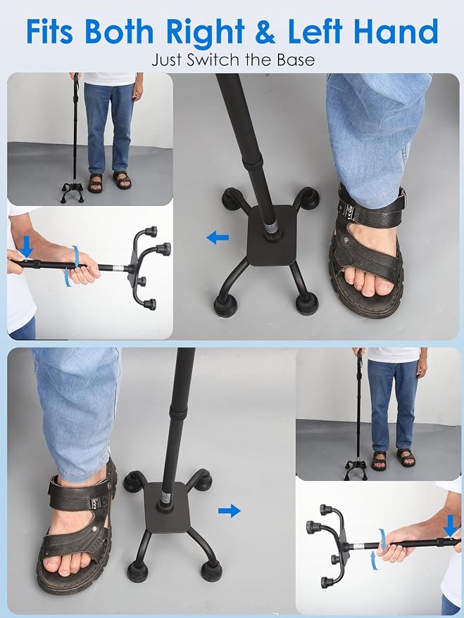 WHLICKS Quad Cane for Stability, Adjustable Walking Cane for Women & Men with A Large 4 Pronged Base for Balance, Self Standing Cane, 350lbs Heavy Duty Cane with 4 Legs, Walking Sticks for Seniors