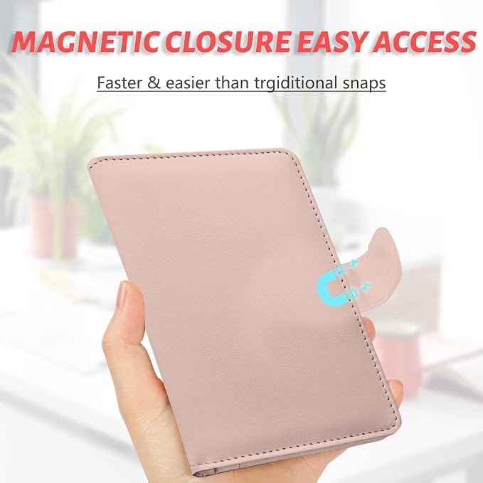 Passport Holder, Cute Travel Wallet Cover with RFID Blocking,Pink | PU leather travel wallet with magnetic closure, card slots, pen loop, and easy access for passports and essentials.
