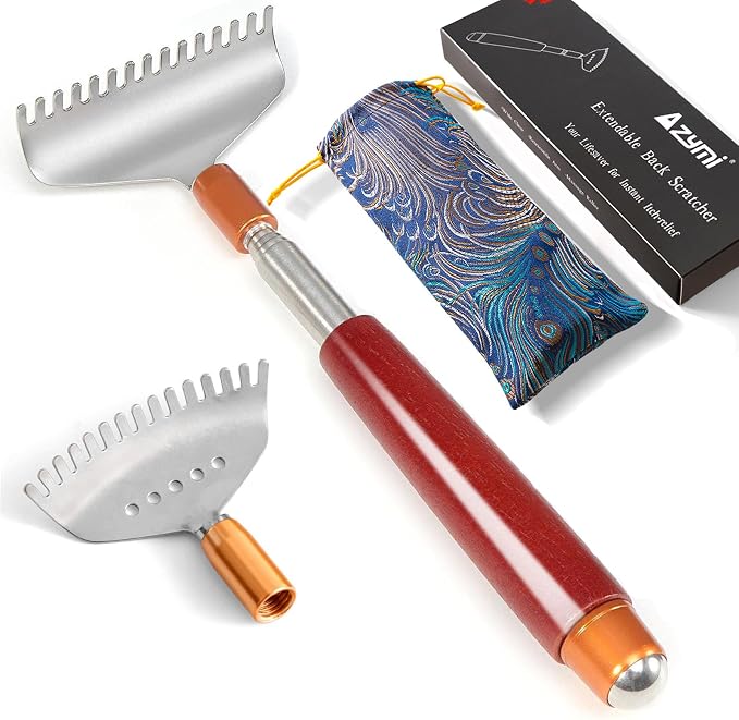 Back Scratcher with 2Pcs Wide Detachable Heads, Azymi Telescopic Back Scratcher for Women Men, 304 Stainless Steel Claws/Roller Ball/Wooden Handle, Long Big Heavy Duty Head Body Scratcher Massager