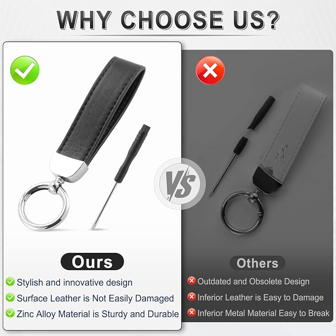 JUSTTOP Leather Keychain, Car Key Chain with Anti-Lost D-Ring and 2 Key Ring, Keychain Wristlet, Car Accessories, Universal Keychain for Men and Women (Black)