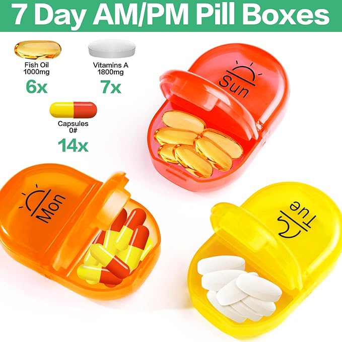 Serfeymi Weekly Travel Pill Organizer 2 Times A Day AM PM Upgraded Rainbow Pill Box 7 Day with Portable Zipper PU Leather Pill Case, Medicine Organizer for Pills, Vitamins, Fish Oils - Lines 01