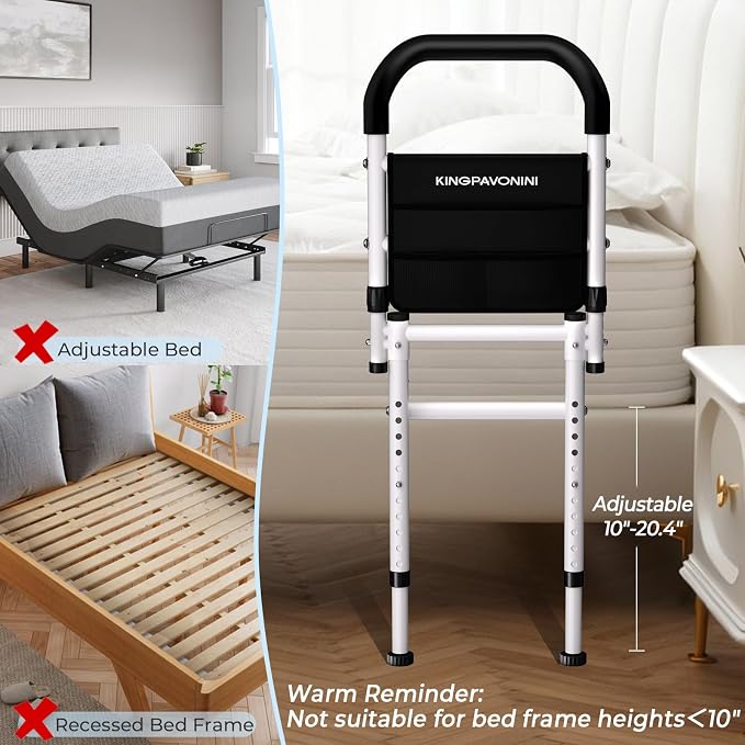 KingPavonini Bed Rails for Elderly Adults Safety 2026 Upgrade, ASTM-Approved Bed Rails for Seniors with Anti-Wobble Adjustable Feet, 400lb Bed Cane, Non-Slip Handle & Storage Bag, No-Tools, Model GS04