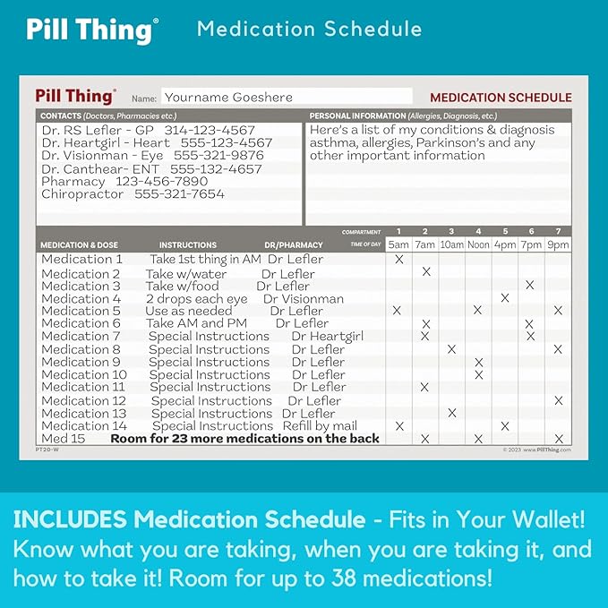 Weekly Pill Organizer Case, 7 Compartments, Pebble Grain Faux Leather, Magnetic Snap, Medication Schedule Card (7X a Day Weekly with Wallet)