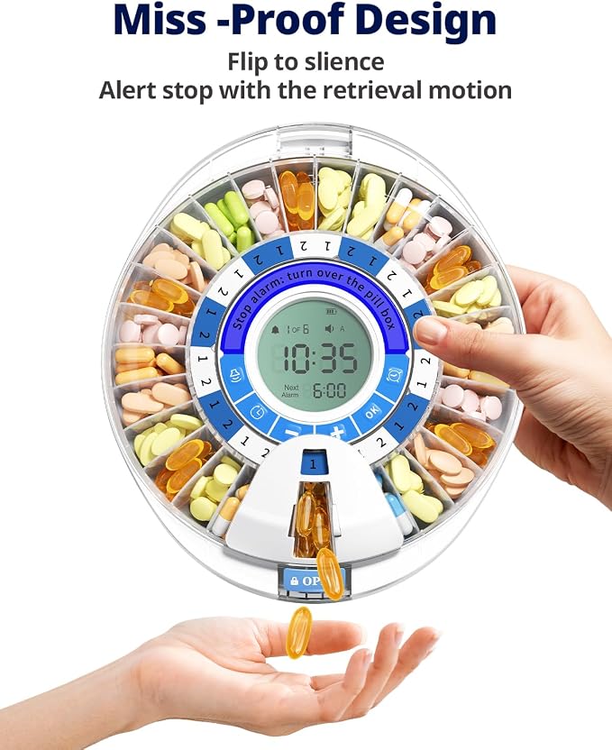Betife 2nd Gen Automatic Pill Dispenser for Elderly with Alarm | 28 Slots, Key Locked, Alarm & Light Reminder, Mix-Proof, XL Display, 6 Dosage Rings，Easy Setup