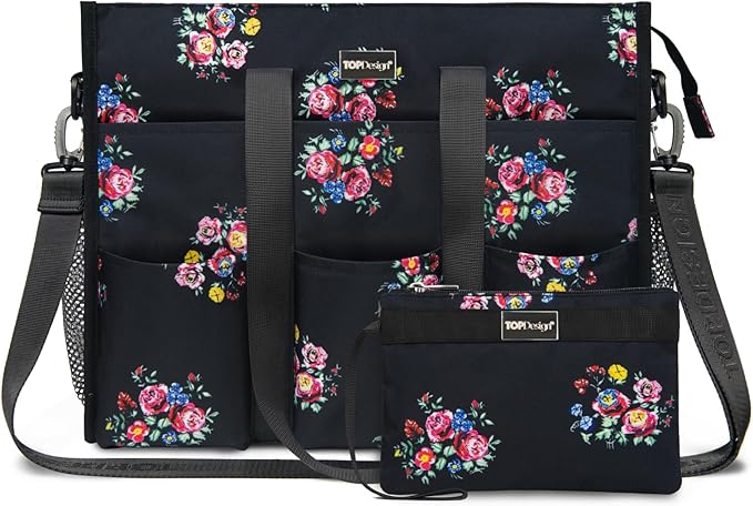 TOPDesign Utility Water Resistant Tote Bag with 22 Pockets, Top Zipper Closure & Thick Bottom Support, for Working Women