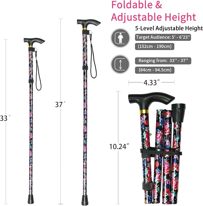 Folding Canes for Men and Women, Floral | 5-Level Adjustable Height, Lightweight Collapsible, Aluminum, Wrist Strap, T Handle, Walking Sticks for Seniors Adults