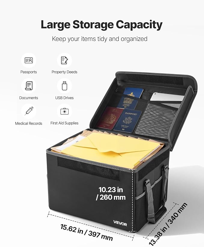 VEVOR Fireproof Document Box, 1832 ℉ Heat Insulated Fireproof & Waterproof Box, Space-Saving and Foldable Design, Portable Home Office Travel File Organizer, for Passports, Important Documents, Files