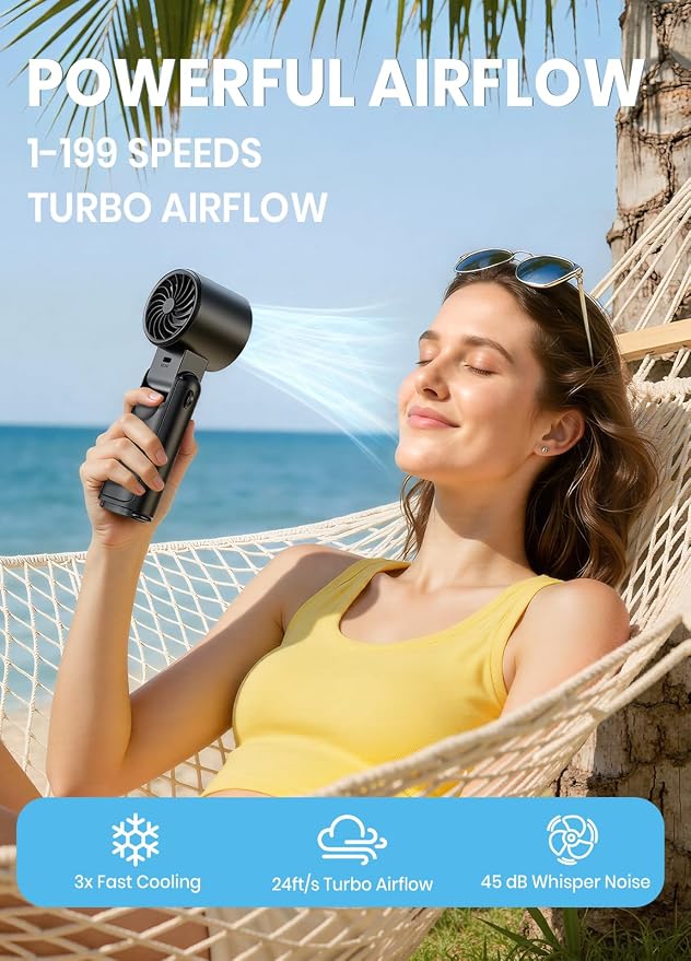 Portable Handheld Turbo Fan, 1-199 Speed Adjustable, Black | 4 IN 1 Pocket Design with LED Display, High-Power Motor, Rechargeable Battery, Mini Fans for Indoor/Outdoor/Travel/Work