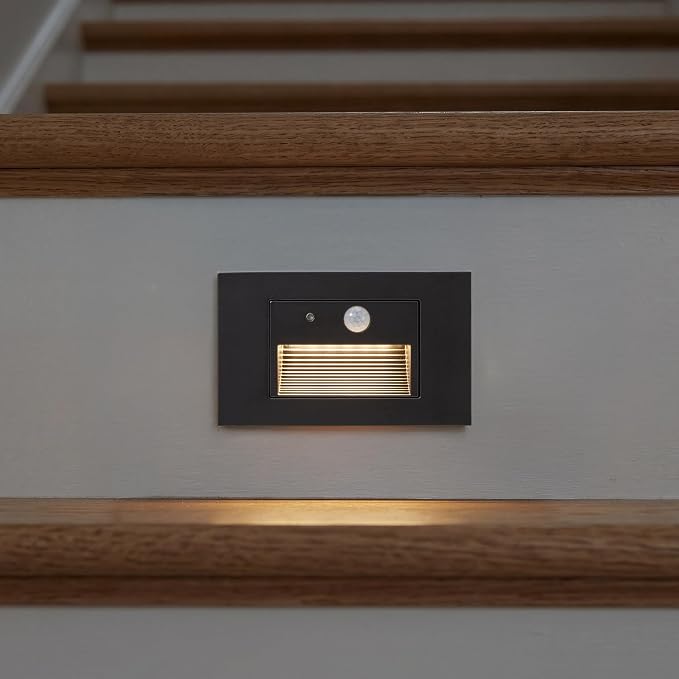 Maxxima Horizontal LED Motion Sensor Step Light, 3CCT 80 Lumens, Black 2Pk | Indoor/Outdoor Stair Light, 3Color Selectable 3000K, 4000K, 5000K, IP65 Rated, Modern Deck Stair Light
