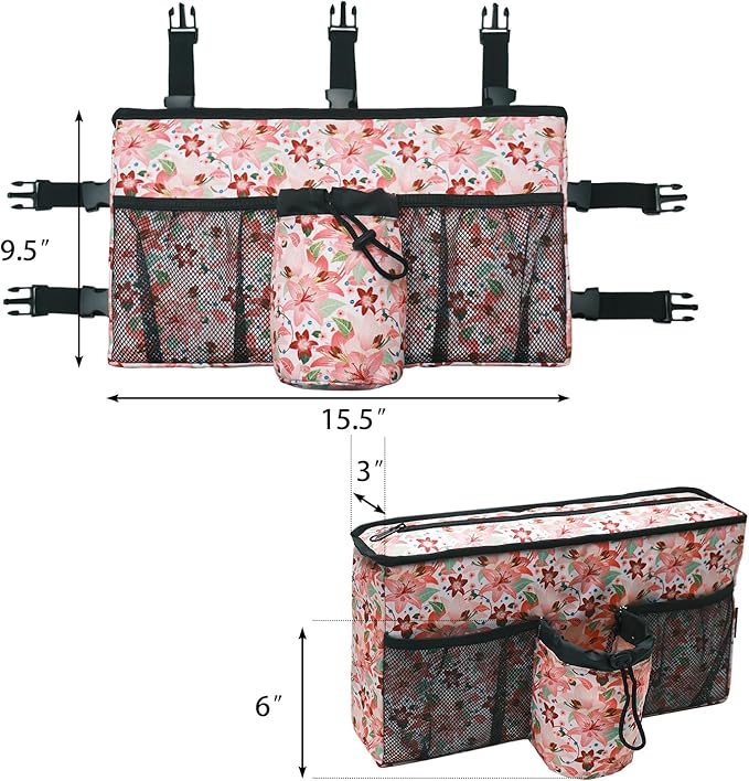 Double-Sided Walker Bag with Flower Design,Tote Handle Zipper Plug Buckle Organizer Pouch for Seniors, Walker Accessories