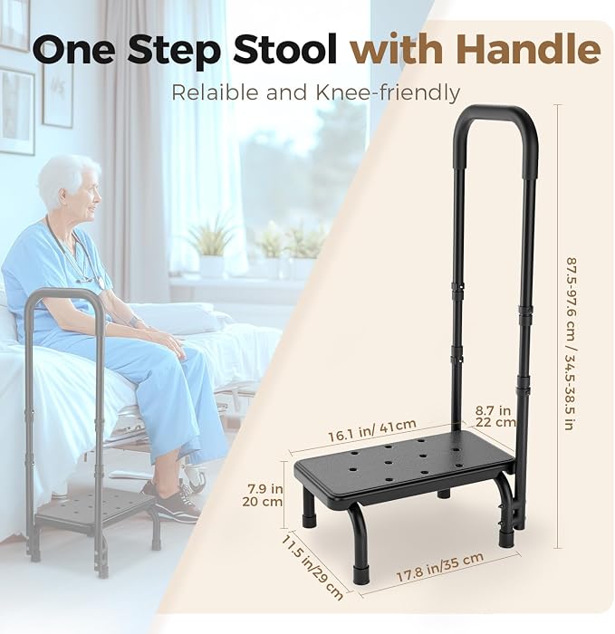 FORTEMOTUS Medical Step Stool with Handle for Ederly - Sturdy Lightweight Step Stool for Bedside for Adults, Non-Skid Rubber Platform Stepping Stool, Safely Supports up to 330 Pounds, Black