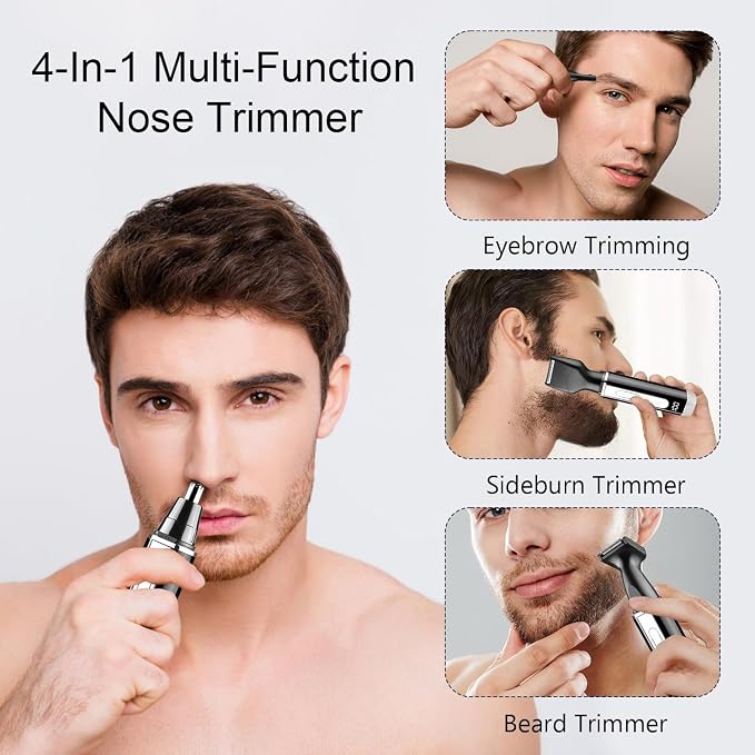 Nose Hair Trimmer for Men and Women: 4-in-1 Rechargeable Grooming Kit for Nose, Ear, Eyebrow & Beard, LED Display, High-Speed Precision Motor, USB-C Charging, Waterproof, Travel-Friendly (Black)