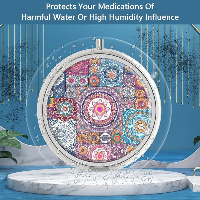 Pill Box 3 Compartment Medicine Pill Case,Portable Pill Box for Pocket or Purse Pill Box Decorative Metal Medicine Vitamin Organizer Unique Gift(4PCS)