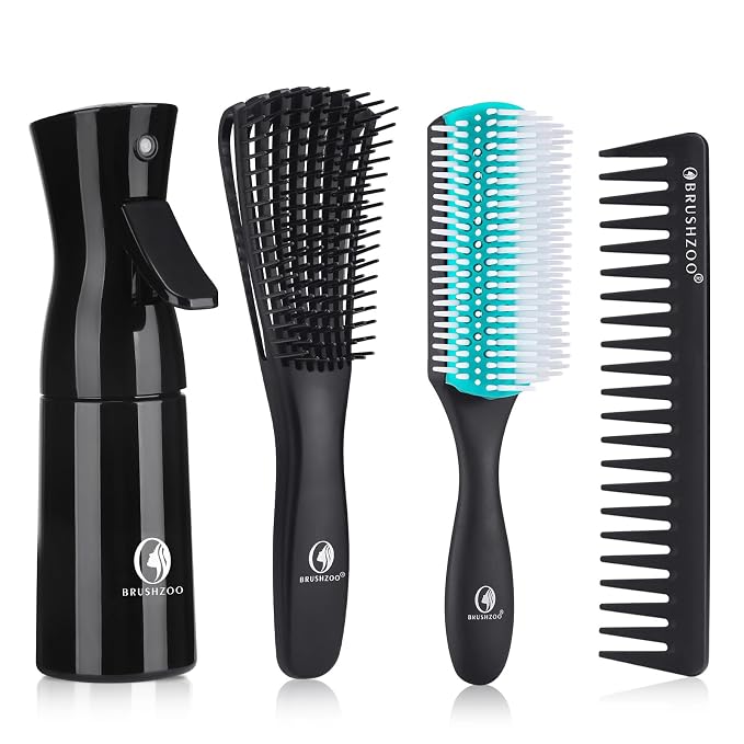 BRUSHZOO Detangling Brush with Hair Spray Bottle, Wide Tooth Comb for Women, Men, and Kids - 9 Row Brush with Detangler for Natural 3/4abc Curly Hair