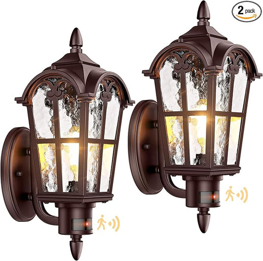 2-Pack 16” Large Motion Sensor Outdoor Wall Lights, Brown | Auto ON/OFF, 3 Lighting Modes, Waterproof, Rust-Resistant, Durable Metal & Water Ripple Glass, Vintage Style, Easy to Install