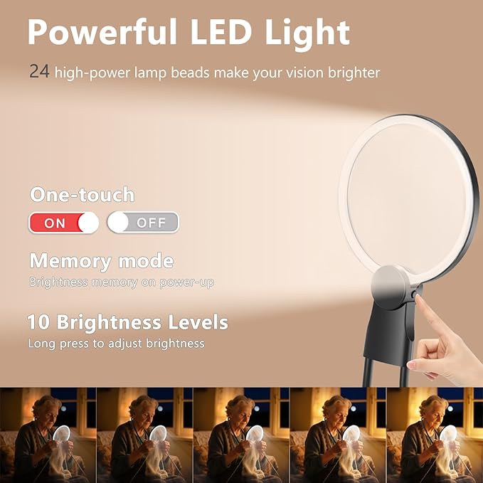 6X Hands-Free Magnifying Glass with Light, Rechargeable Neck Magnifier 24 LED for Reading, Crafts, Cross Stitch - Adjustable Brightness for Low Vision Seniors & Close Work