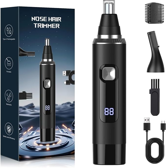 Ginity Nose Hair Trimmer for Men, 2-in-1 Rechargeable Ear and Nose Hair Trimmer with LED Display, IPX7 Waterproof Painless Precision Groomer, Type-C Charging, Professional Dual-Edge Blades（Black）