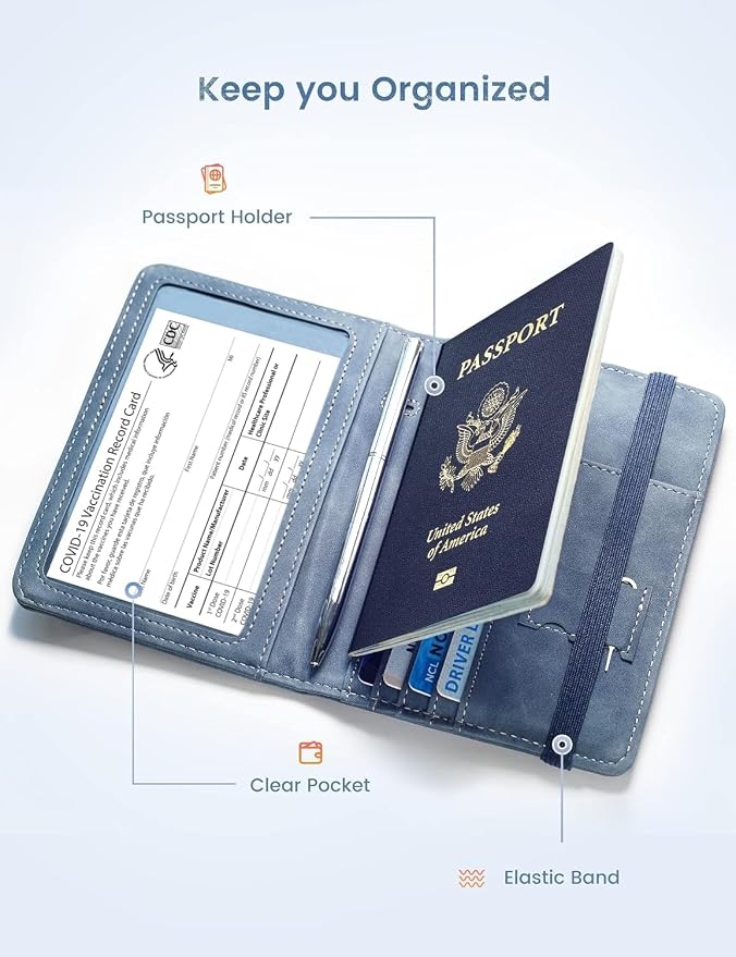 Passport Holder Travel Wallet Passport Case Cover | Vaccination Card Holder, RFID Blocking, Clear Pocket For Photo