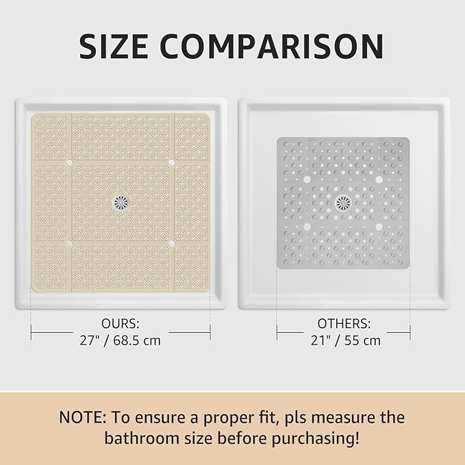 Yolife Square Shower Mat, 27" x 27" Large Shower Mat with Drain Hole in Middle, Soft TPE Non Slip Shower Mats for Inside Shower with Suction Cups, Anti Slip Washable Shower Floor Mat, Brown