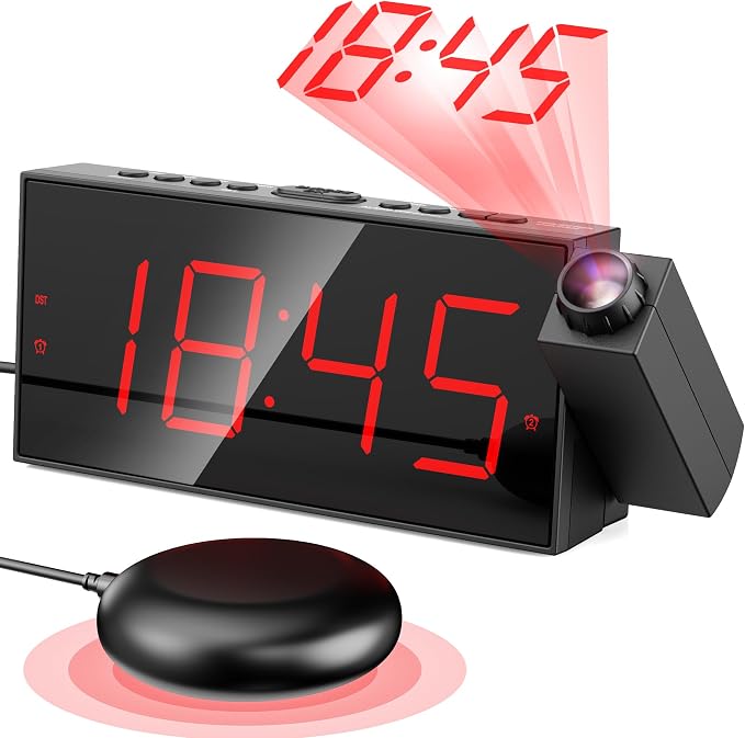 Mesqool Projection Alarm Clock with Bed Shaker, 7" LED Display, 180° Projector, 5-Level Dimmer, USB Phone Charger, Battery Backup, Loud Vibrating Alarm Clock for Heavy Sleepers, Snooze, DST