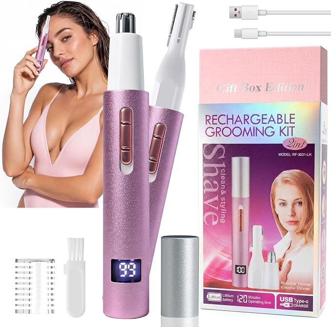 Nose & Ear Hair Trimmer for Women and Men, 2026 Painless USB Rechargeable Facial & Eyebrow Trimmer Clipper with LED Display for Easy Cleansing, Portable Grooming Kit,Gift Box Included (Purple)