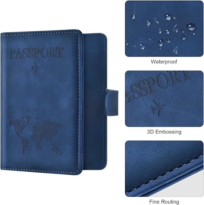 3-Pack Passport Holder + 2 PVC Covers, RFID, PU Leather(Dark Blue) | Waterproof,scratchproof, dustproof. Lightweight, slim. Keeps cards & travel docs organized for men & women