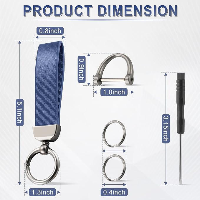 JUSTTOP Leather Keychain, Carbon Fiber Car Key Chain with Anti-Lost D-Ring and 2 Key Ring, Keychain Wristlet, Car Accessories, Universal Keychain for Men and Women (Blue)