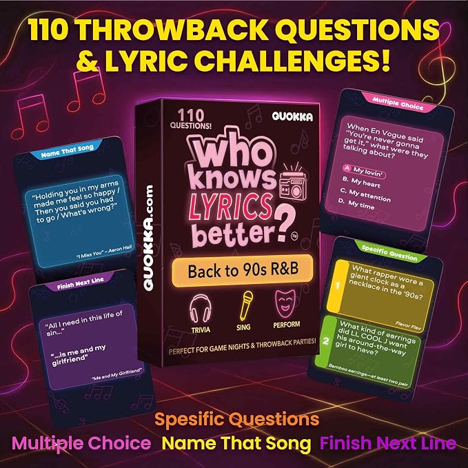 Quokka Who Knows Lyrics Better? 110 Throwback Questions – Back to 90s R&B – Ultimate Music Trivia and Singing Game for Adult & Family Party Games – Fun Lyric Challenge for Teens, Girls & Game Nights