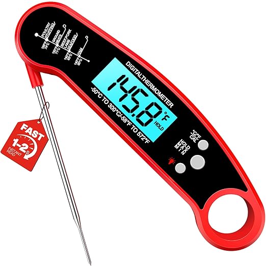 Meat Thermometer Digital, 1-2 Sec Instant Read, Food, Cooking, Grill | Bright Backlit Display, Waterproof for Air Fryer, Smoker, Candy, Kitchen Gadgets, BBQ Essentials, Gift for Men Husband, Red