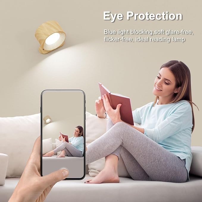 2Pack Battery Operated Wall Sconce, 3 Color Modes 3 Brightness Levels 360°Rotation Lighting Touch Control, Wall Mounted Lamp LED Wall Lights for Bedroom Reading Bedside, Wall Sconces Set of Two