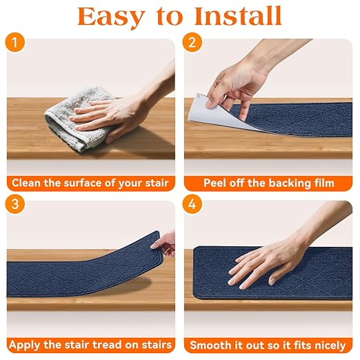 Stair Treads for Wooden Steps 15 PCS, Non Slip Stair Rugs Blue | 8x30in Self-adhesive Stair Runner Strips, Machine Washable, Indoor Carpet for Stairs, Stair Protection for Kids Pets Elderly
