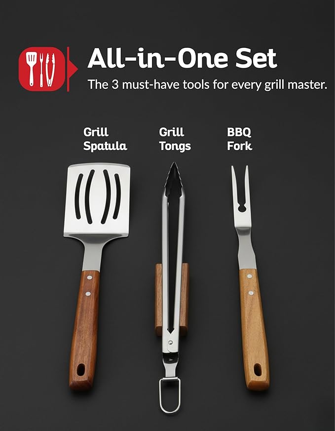 3 PCS BBQ Tool Set – Stainless Steel Grill Accessories Kit with Spatula, Fork & Tong – Heavy Duty Barbecue Utensil Set for Outdoor Cooking, Camping & Backyard BBQ