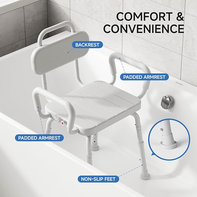 360° Swivel Shower Chair for Inside Shower, Removable Arms & Back, Adjustable Height Rotating Bath Chair for Seniors and Disabled，Tool-Free Assembly，White