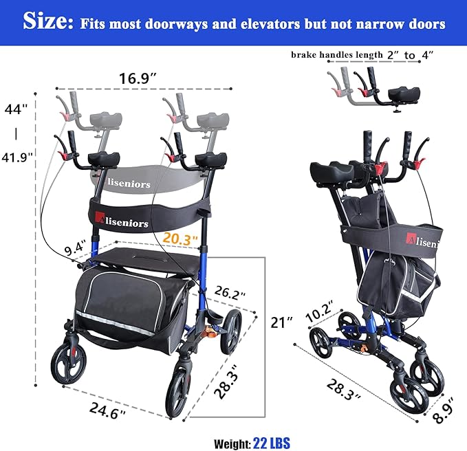 Aliseniors Upright Walker with Seat for Seniors, Extra-Wide Foldable Stand Up Rollator Walker with Padded Armrests, 8" All-Terrain Wheels, Medical Rolling Walkers for Adults, Supports 300lbs, Blue
