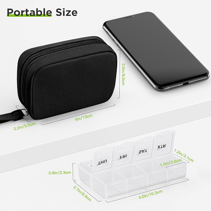 Zannaki Cute Pill Organizer for Purse with Two Removable 7-Day Pill Box, Travel PU Leather Pill Case, Portable Weekly Pill Container with Storage Bag to Hold Vitamins, Fish Oils, Supplements (Black)