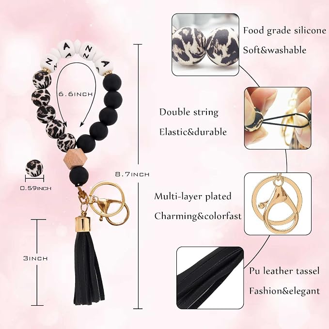 BAOSIWA Silicone Key Ring Bracelet Wristlet Keychain Unique Beaded Bangle Key Chains for Women with Leather Tassel