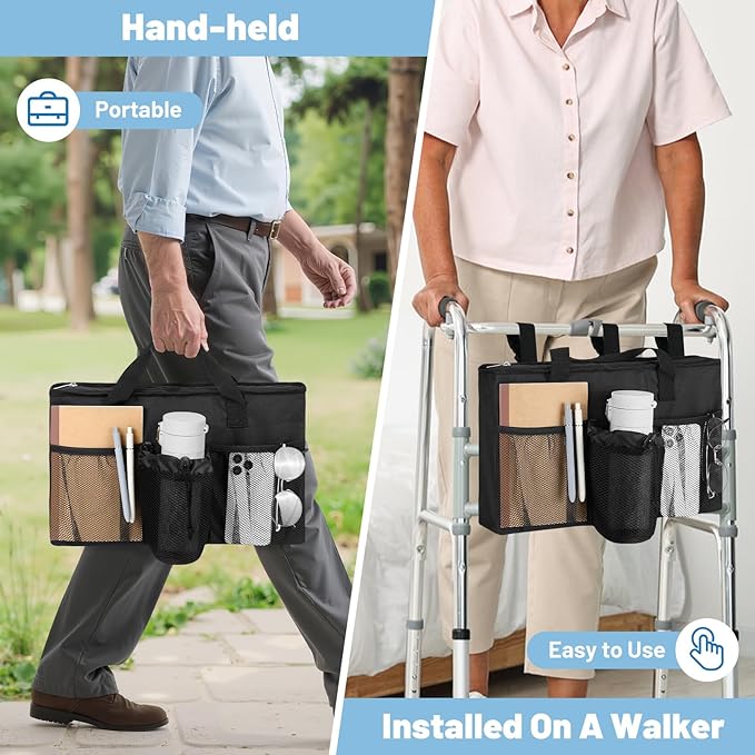 Rhino Valley Walker Bag, Large Capacity Walker Accessories Storage Bag with Multi Pockets & Cup Holder, Walker Basket with 4 pockets for Universal Walkers for Seniors, Black