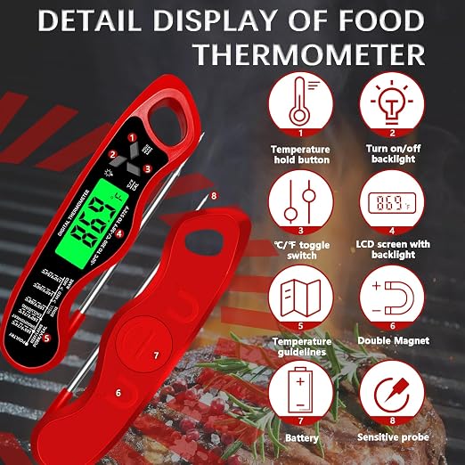 Cooking Thermometer，IP67 Waterproof Meat Thermometer Digital | Backlight，Magnetic attraction，Hold Function，Instant Read，LED screen，for Cooking,Outdoor Grilling