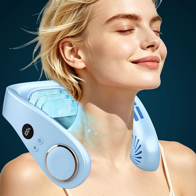 FWV Neck Air Conditioner with Cooling Plate, 5500mAh 3-24H Working, 5-Speed Quiet 30dB, LED Display Personal AC, USB-C Bladless Wearable Cooling Neck Fans that Blow Cold Air for Men Women Kids Blue