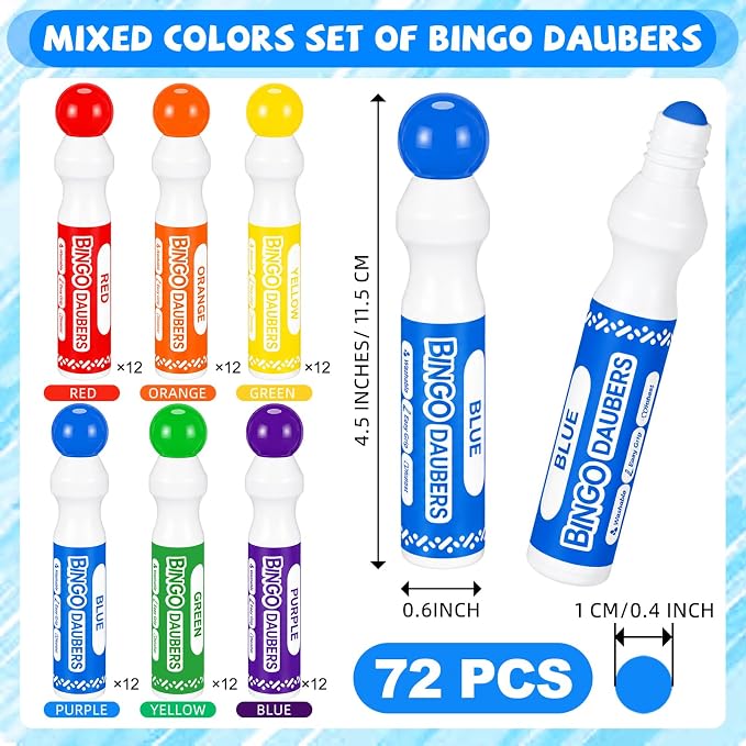 Crtiin 72 Pack Mixed Colors Set of Bingo Daubers Bingo Dabbers Dot Markers Bulk Paint Dotters Craft Ideal for Art and Crafts Painting Supplies Drawing Coloring Class Pre School Adult Gift (6 Colors)