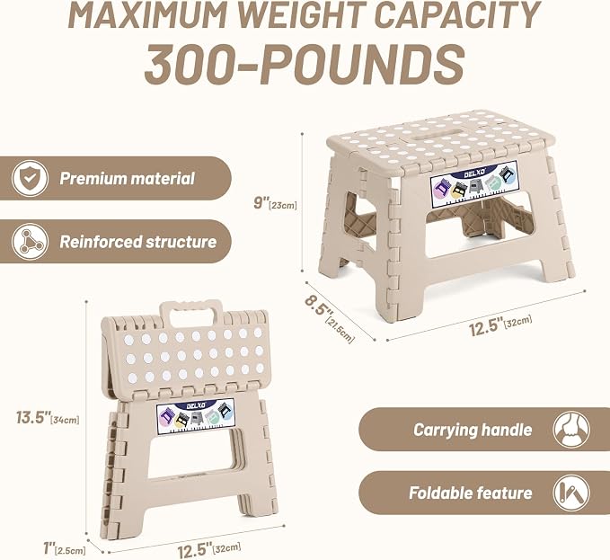 Delxo Folding Step Stool,9 Inch Lightweight Plastic Stepstool,Portable Collapsible Foldable Step Stool Non Slip Folding Stools for Kitchen Bathroom Bedroom in Khaki,1 Pack
